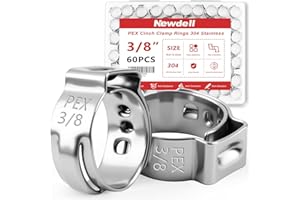 Newdeli 60pcs 3/8 inch Pex Crimp Rings Stainless Steel PEX Clamps Single Ear Hose Clamps Pex Fittings Cinch Pinch Clamp for P