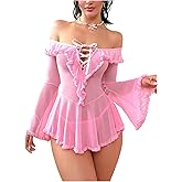 OYOANGLE Women's Ruffle Mesh Sheer Lingerie Set Off Shoulder Lace Up Babydoll Chemise Thong Sleepwear Set