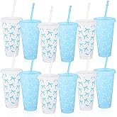 Pickmesh 12 Pcs 24 oz Blue Bow Plastic Cups with Lid and Straw Gift Coquette Bow Birthday Decorations Reusable Party Cups Tumbler Water Bottle Gift for Wedding Bridal Engagement Baby Shower
