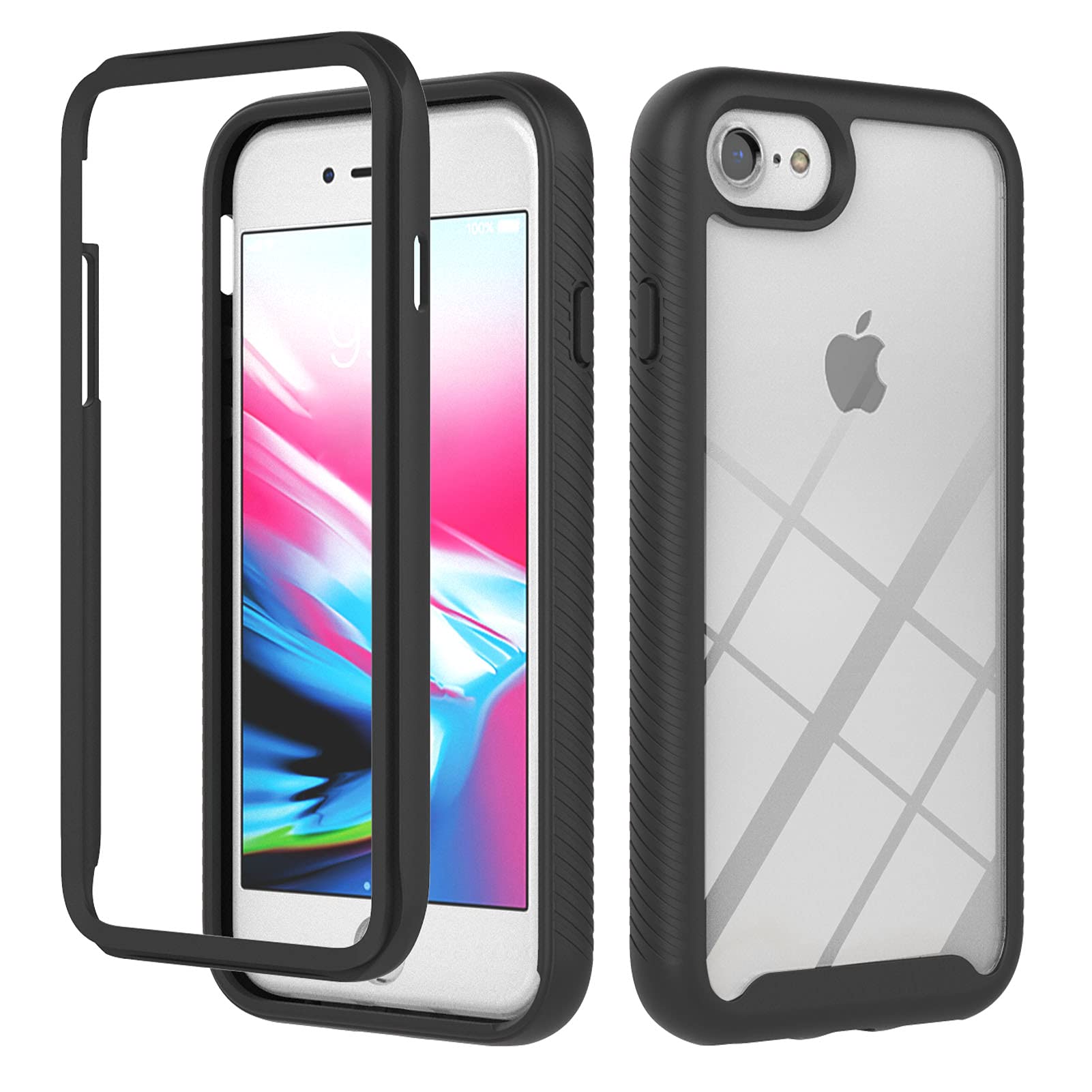 Compatible with iPhone SE 2022 Phone Case, iPhone SE 2020 / iPhone 8 / iPhone 7 Case, Rugged Armor Case 360 Full-Body Clear Protection Cover Shockproof Slim Bumper Silicone Protective Cover, Black
