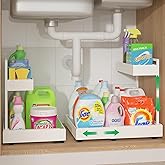 REALINN Expandable Under Sink Organizers and Storage, 2 Tier Under Cabinet Organizer, Heights Adjustable Pull Out Rack for Kitchen Bathroom Laundry, White, 2 Pack