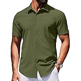 COOFANDY Mens Short Sleeve Casual Button Down Shirts Spring Summer Untucked Dress Wedding Shirts with Pocket Army Olive Green Small