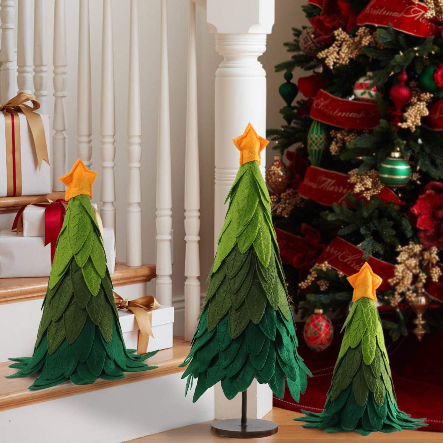 HAUMENLY Green Felt Christmas Cone Trees, Various Size Xmas Holiday Tabletop Decoration (Pack of 3)