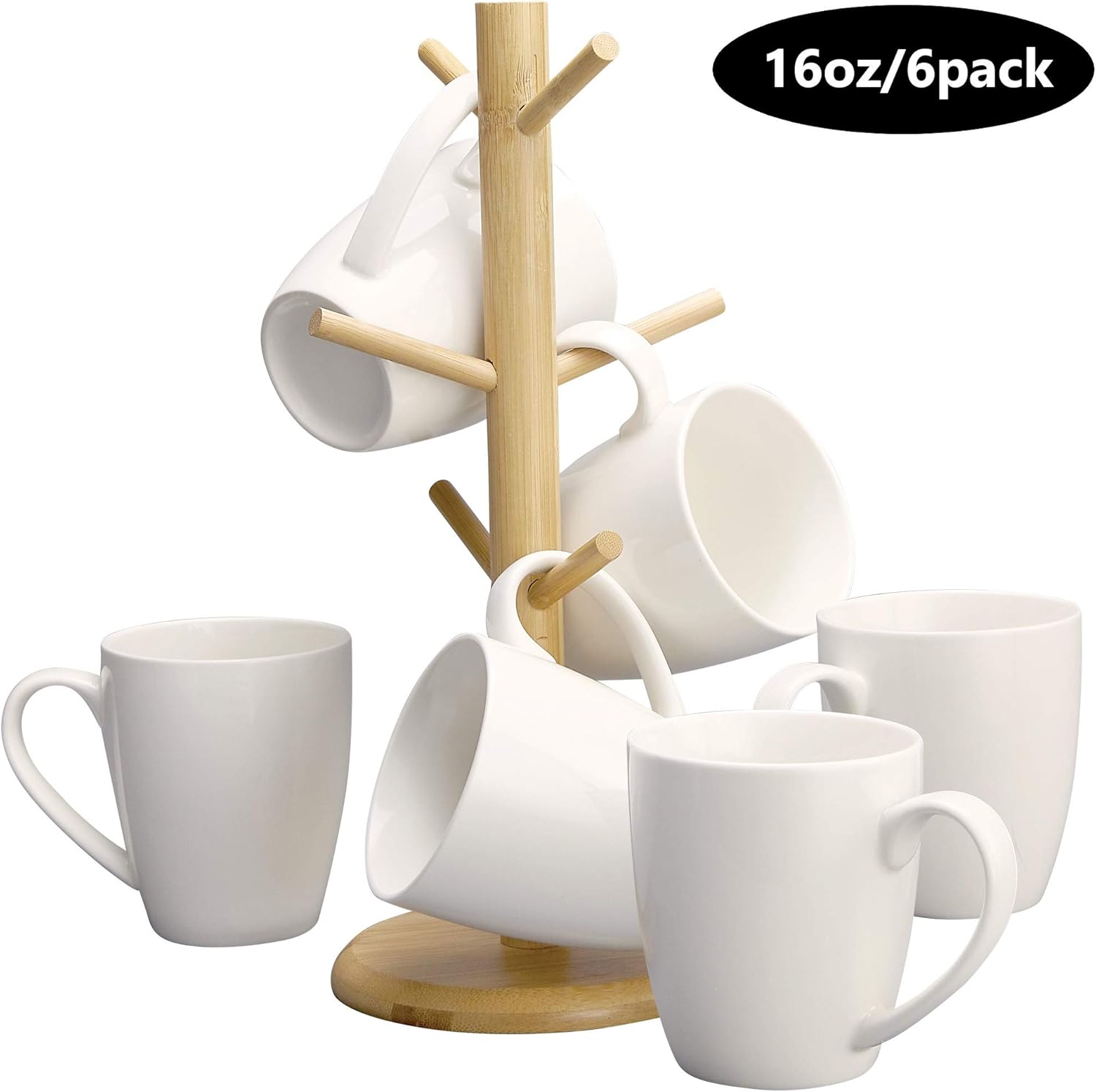 Coffee Mug Set Of 6 Ceramic Coffee Cups 16 oz. Elegant White With A Free Stand - Mug Holder Tree - Wood Organizer Rack with 6 Hook Hangers - Cup Stand For Kitchen Counter Tops - By DecorDine