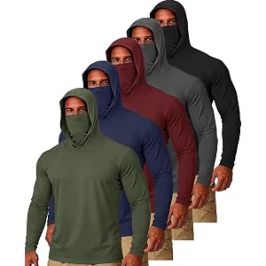 5 Pack UPF 50+ Men's Hooded Fishing Shirts with Mask Cooling Quick Dry Long Sleeve UV Sun Protection Rash Guard Work Hiking