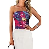 MASCOMODA Women Floral Tube Top Summer 2025 Cute Strapless Crop Mesh Going Out Tops Y2K Ruched Bandeau Beach Vacation Clothes
