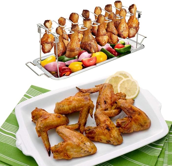 NEWCOMDIGI 1 Set Chicken Leg Wing Grill Rack 14 Slots Stainless Steel Metal Roaster Stand with Drip Tray for Smoker Grill or Oven, Non-Stick,Dishwasher Safe for BBQ, Picnic