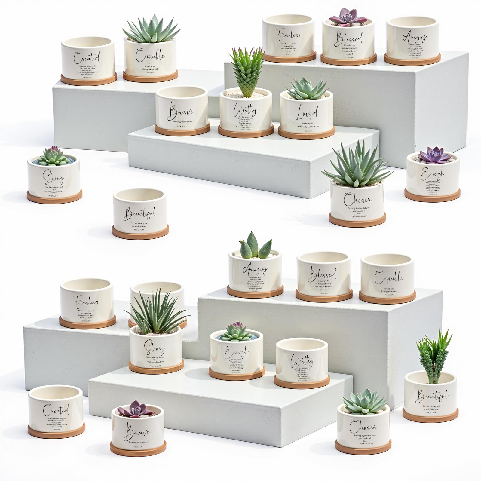 Photo 1 of Fumete 24 Pcs Bible Verse Succulent Pots with Bamboo Tray Drainage 3.15 Inch Mini Ceramic Flower Planter Pot Christian Gifts for Women Sunday School Teacher Church Plants Not Included(Special Style)