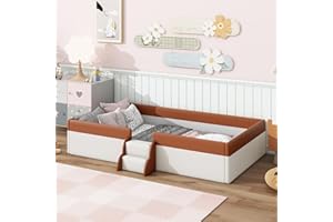 Merax Twin Size Kids Floor Bed, Upholstered Kids Daybed Frame with Fence and Stairs, Wood Bed for Living Room, White+Brown