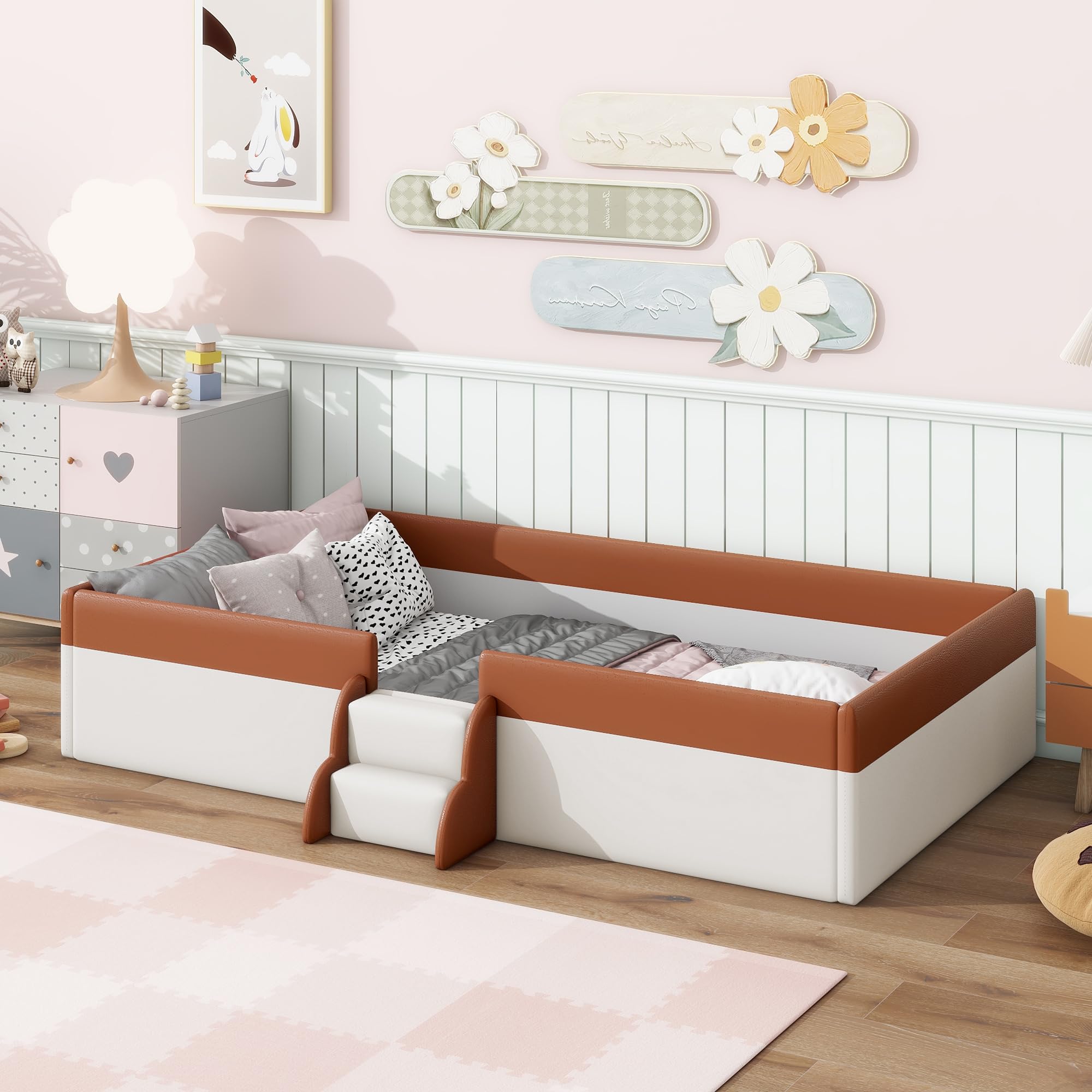 Photo 1 of ***stairs only***Merax Twin Size Kids Floor Bed, Upholstered Kids Daybed Frame with Fence and Stairs, Wood Bed for Living Room, White+Brown