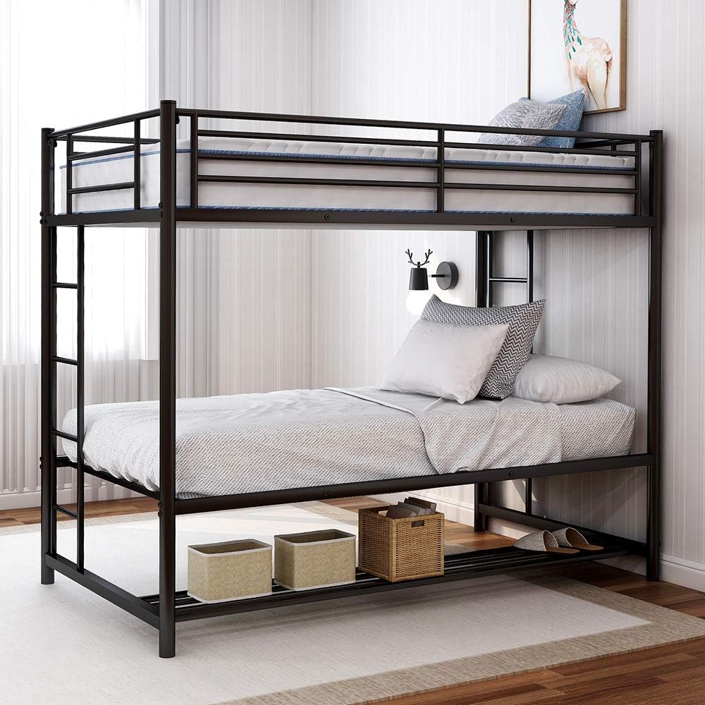 Twin Over Twin Metal Bunk Bed with Storage, Rockjame Space Saving Design Sleeping Bedroom Bed Frame with 2 Ladders and Safety Rail for Boys, Girls, Kids and Young Teens (Black)