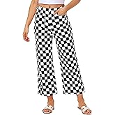 Magrank Women Checkered Cropped Jeans Straight Leg Stretchy Denim Pants with Pockets