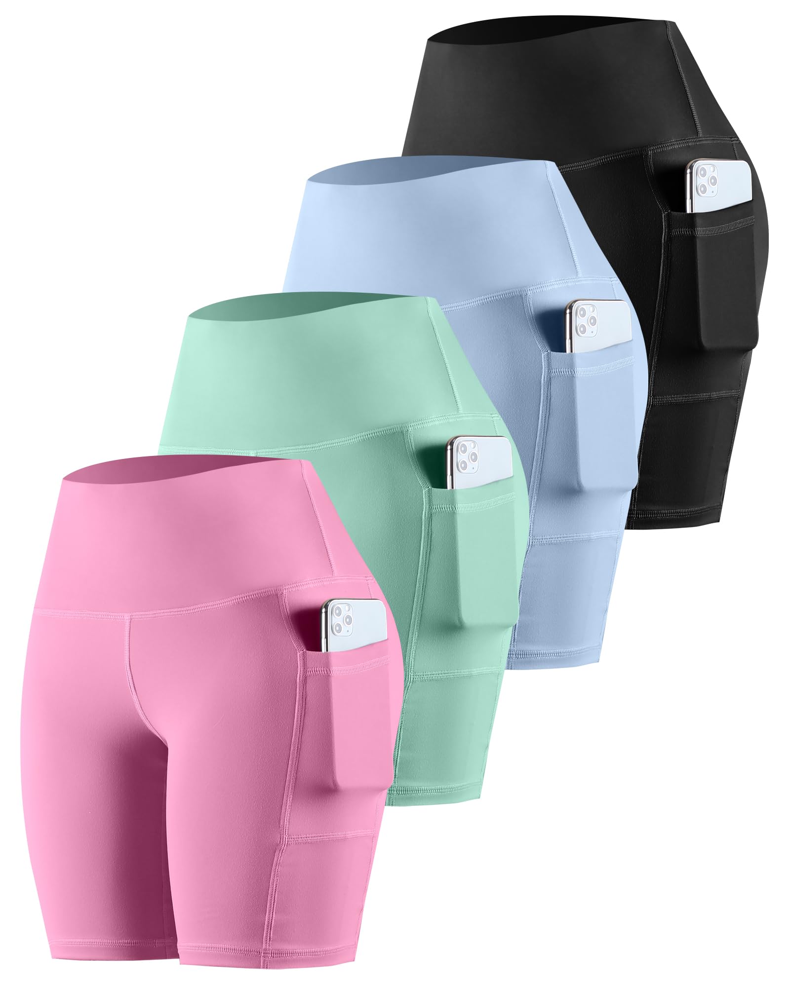 Photo 1 of CHRLEISURE Womens Biker Yoga Shorts with Pockets: High Waisted Tummy Control Spandex Workout Athletic Gym Shorts 4 Packs(8'' Black,Blue,Green,Pink, XL)