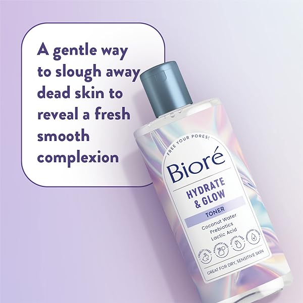 BIORÉ HYDRATE & GLOW 2% LACTIC ACID AND MALIC ACID, ALCOHOL FREE TONER, EXFOLIATING FACE TONER FOR DRY, SENSITIVE SKIN WITH COCONUT WATER, DERMATOLOGIST TESTED, FRAGRANCE FREE, 8 OZ, CLEAR (28119)