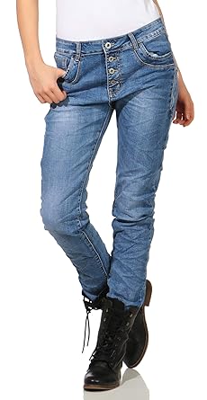 Karostar by Lexxury Damen Jeans Moderne Lange Hose Knöpfe Chino Baggy Boyfriend Hüfthose Stretch Blau 26