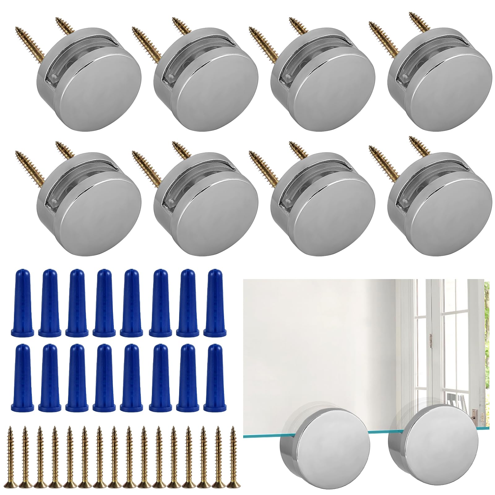 8PCS Silver Mirror Fixings Mirror Clips, 3-5mm Upgraded Frameless Mirror Mounting Adjustable Mirror Holder Clips Mirror Brackets Dual-Screw Fixing Mirror Hanging Hardware for Bathroom, Hotel,,Salon