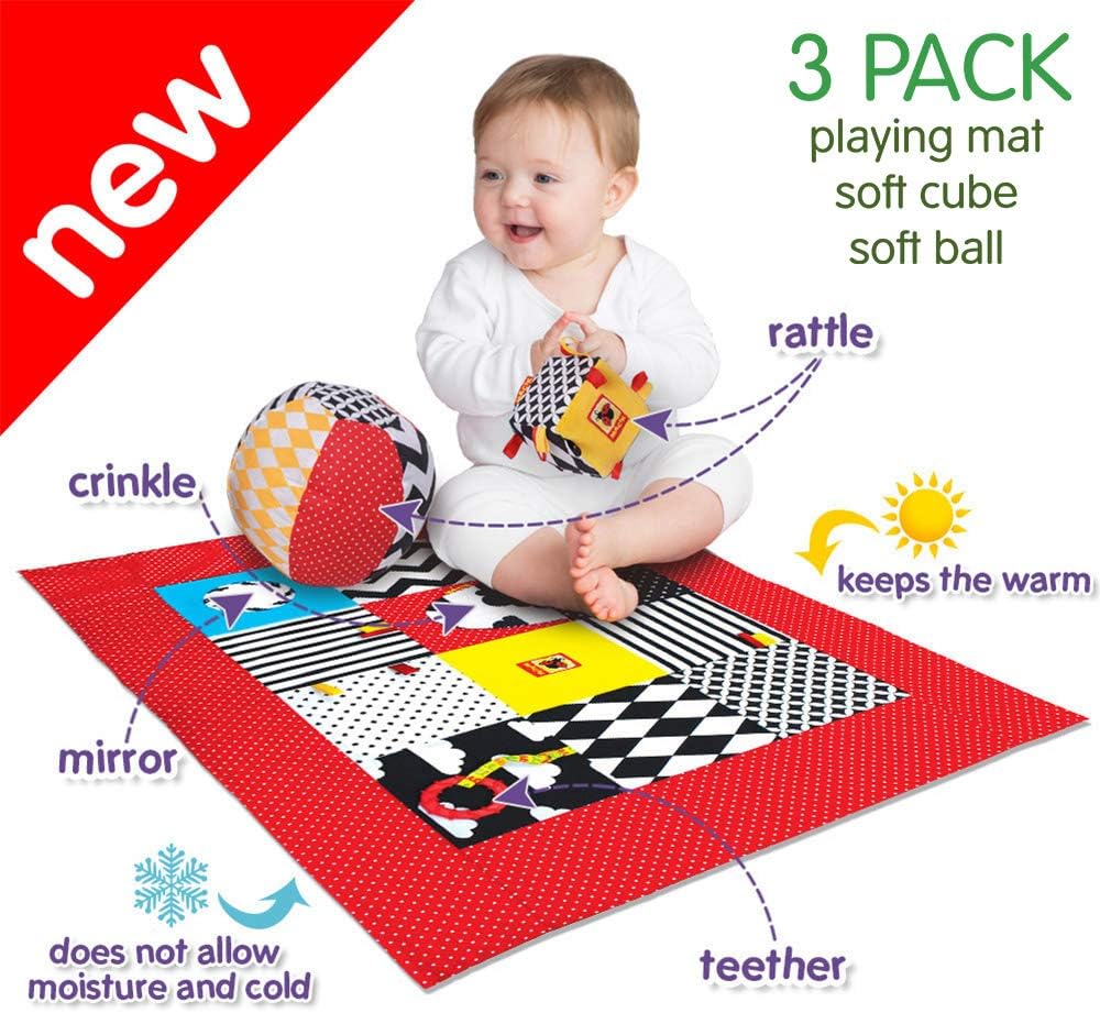 MACIK B&W baby toy SET 3-PlayingMat+ SoftRattleBall+Rattle Crinkle Cube- Baby teething toys infant toys 3-6 months- Baby sensory toys Development toys 6-12 month baby toys- Newborn toys Baby chew toys