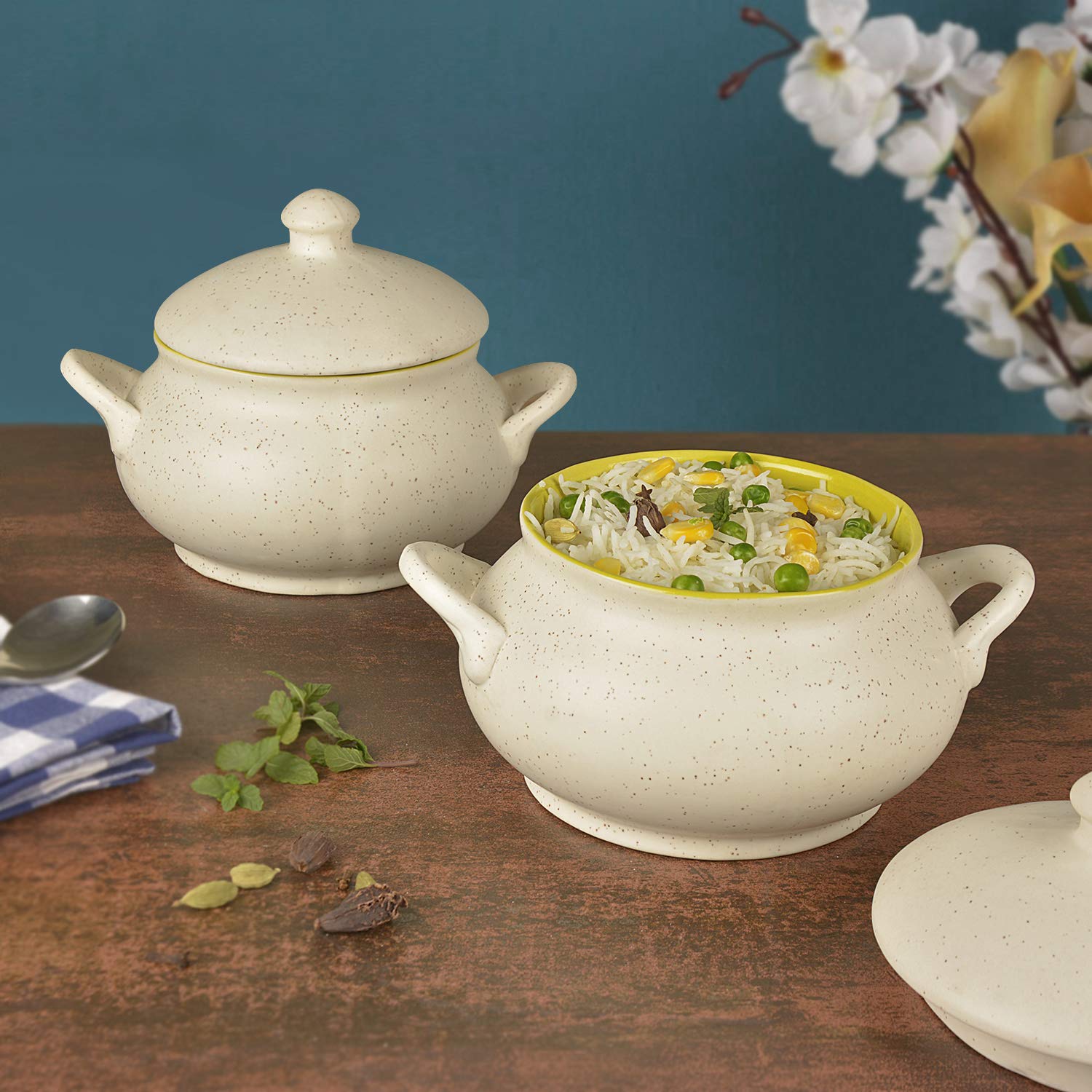 Buy StyleMyWay White Matt Ceramic Serving Donga with Lid (Set of 2