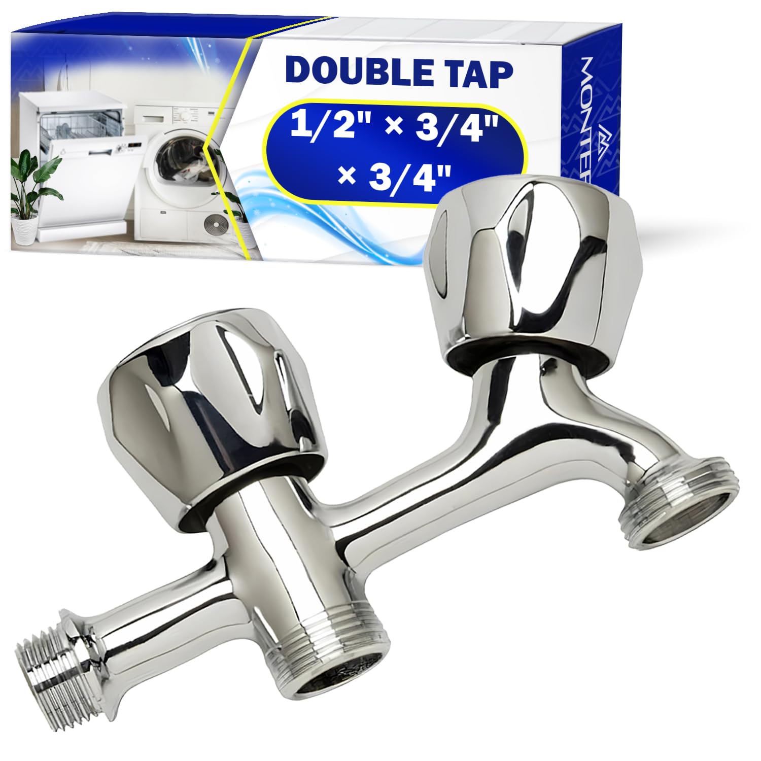 Double Tap for Washing Machine and Dishwasher 1/2" x 3/4" x 3/4" in Chromium Plated Brass - Warranty 10 Years - MONTERAL