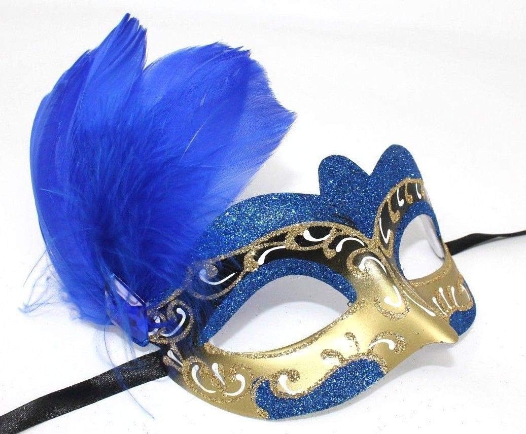 LADIES BLUE WHITE & GOLD VENETIAN MASQUERADE HALLOWEEN CARNIVAL PARTY EYE BALL FEATHER MASK, Blue White Gold, 7cm Deep