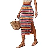 Floerns Women's Tribal Print Midi Skirt Stretchy Slit Hem Vacation Beach Skirt