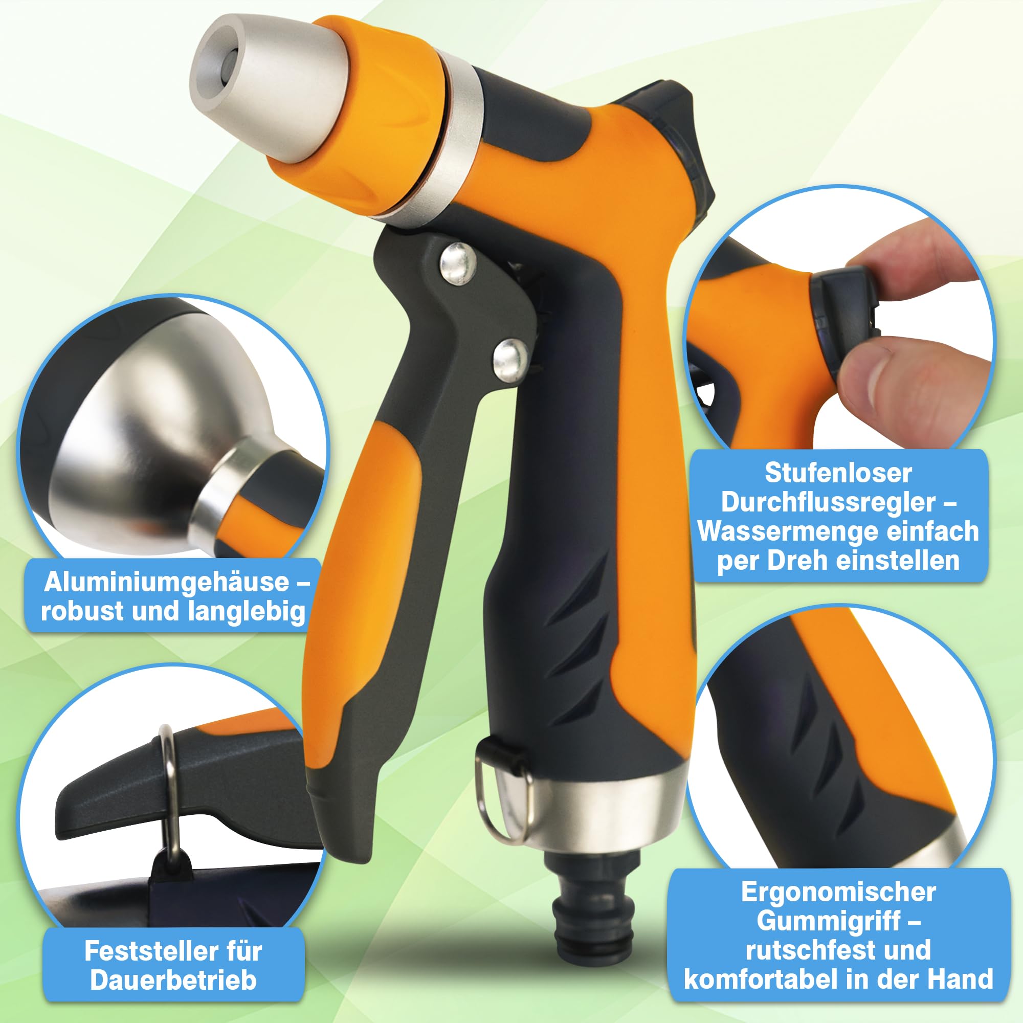 YourCasa Gartenbrause aus Aluminiumgehäuse - Gartenspritze verstellbaren Sprühmustern - Brause Spritze mit Gartenschlauch Aufsatz - Handbrause - Garten Wasserspritze Düse Reinigungsspritze (Orange) 3