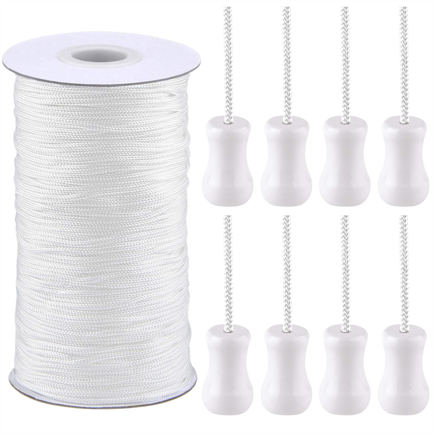 SAYAYA 109 Yards Braided Nylon Lift Shade Cord with 8 Pack Wood Cord Knobs, 1.8 mm (White)