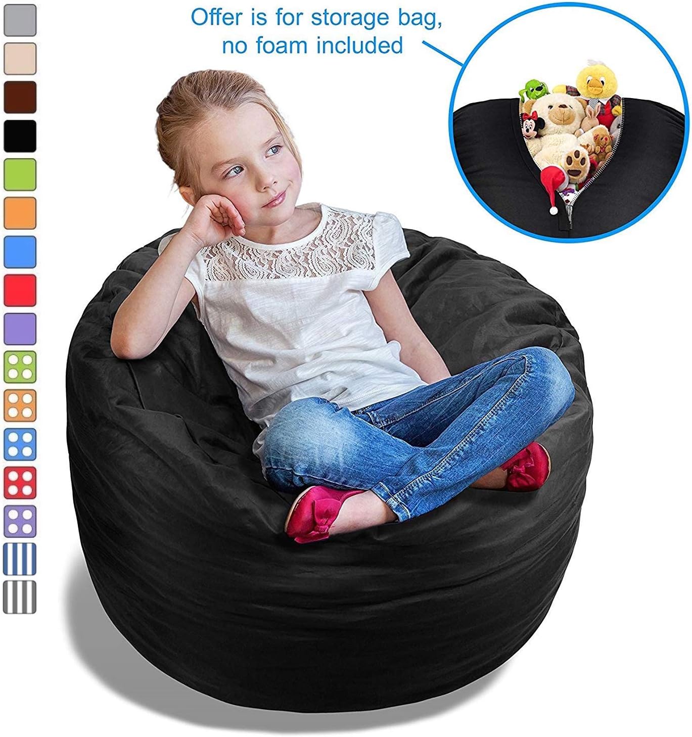 BeanBob Stuffed Animal Bean Bag - Kids Stuffed Animal Storage Bag Chair - Pouf Ottoman for Toy Storage 2.5ft, Black