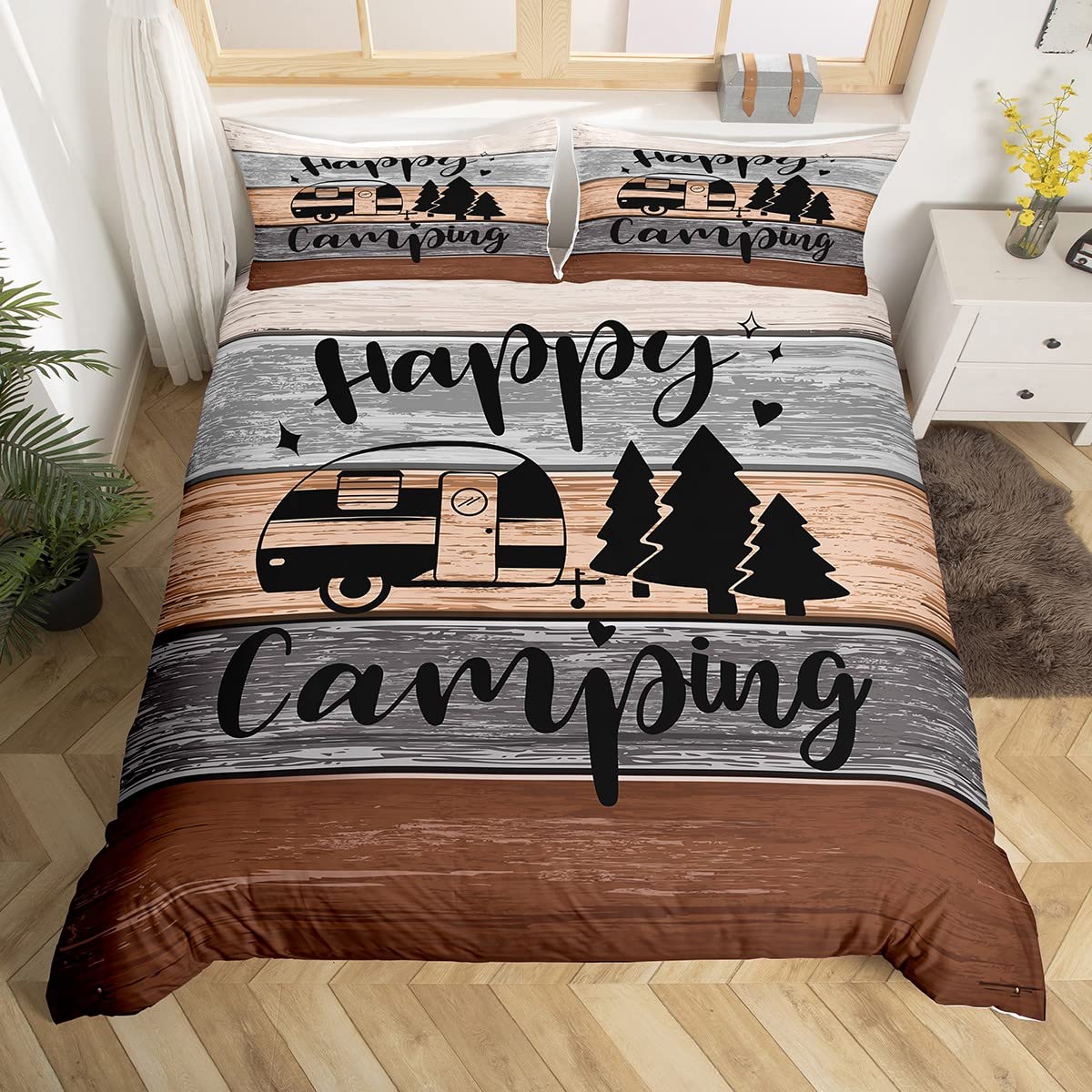richhome Camp RV Bedding Set Western Farmhouse Style Comforter Cover Set for Kids Teens Bedroom Decor Brown Grey Stripes Vintage Barn Door Duvet Cover Microfiber Breathable Bedspread Double Size — image 1