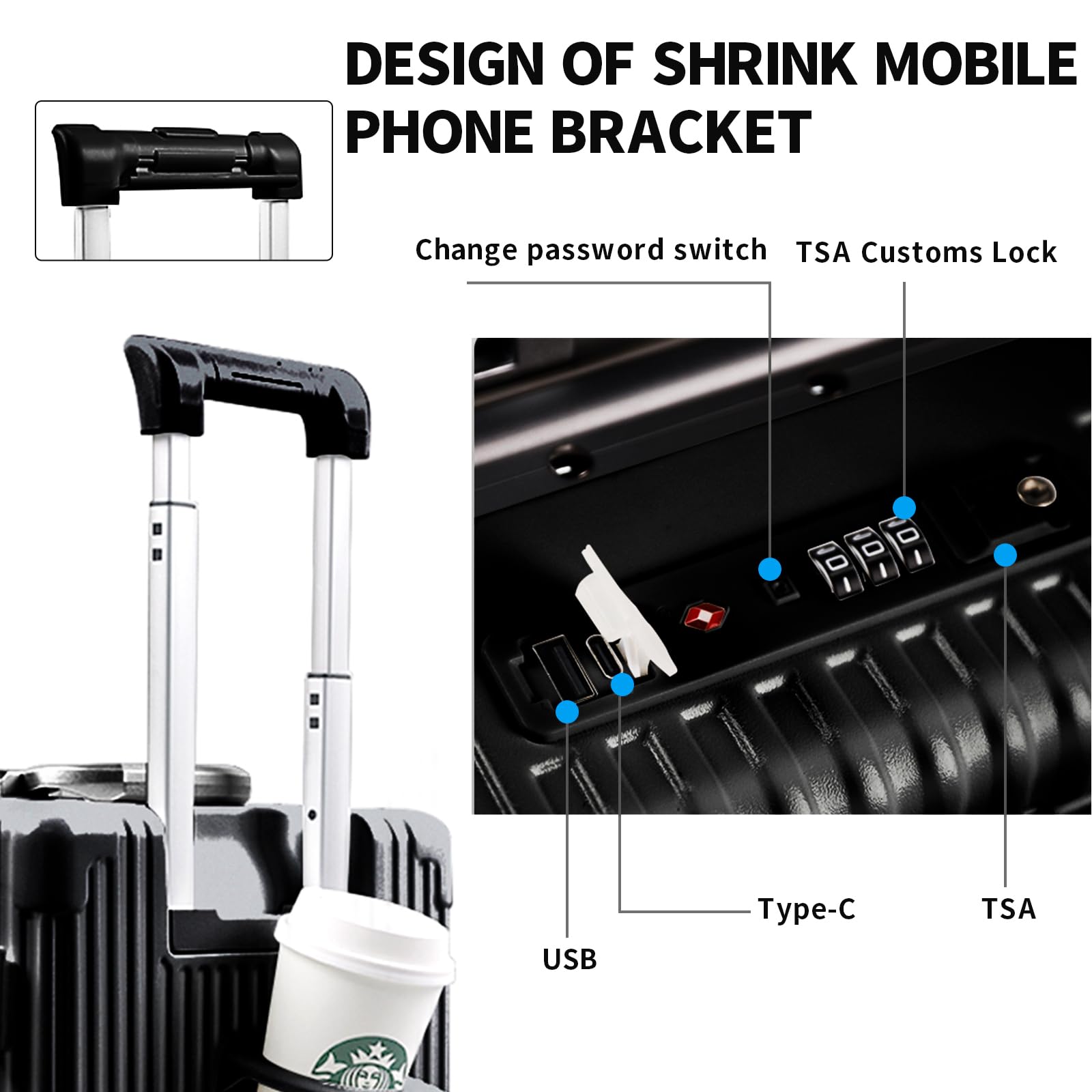 Carry On Luggage with Cup Holder and Usb Port, Aluminum Frame, Front Compartment, TSA Lock, 22x14x9 Airline Approved Hardside Suitcase with Spinner Wheels(Black, 20-lnch)