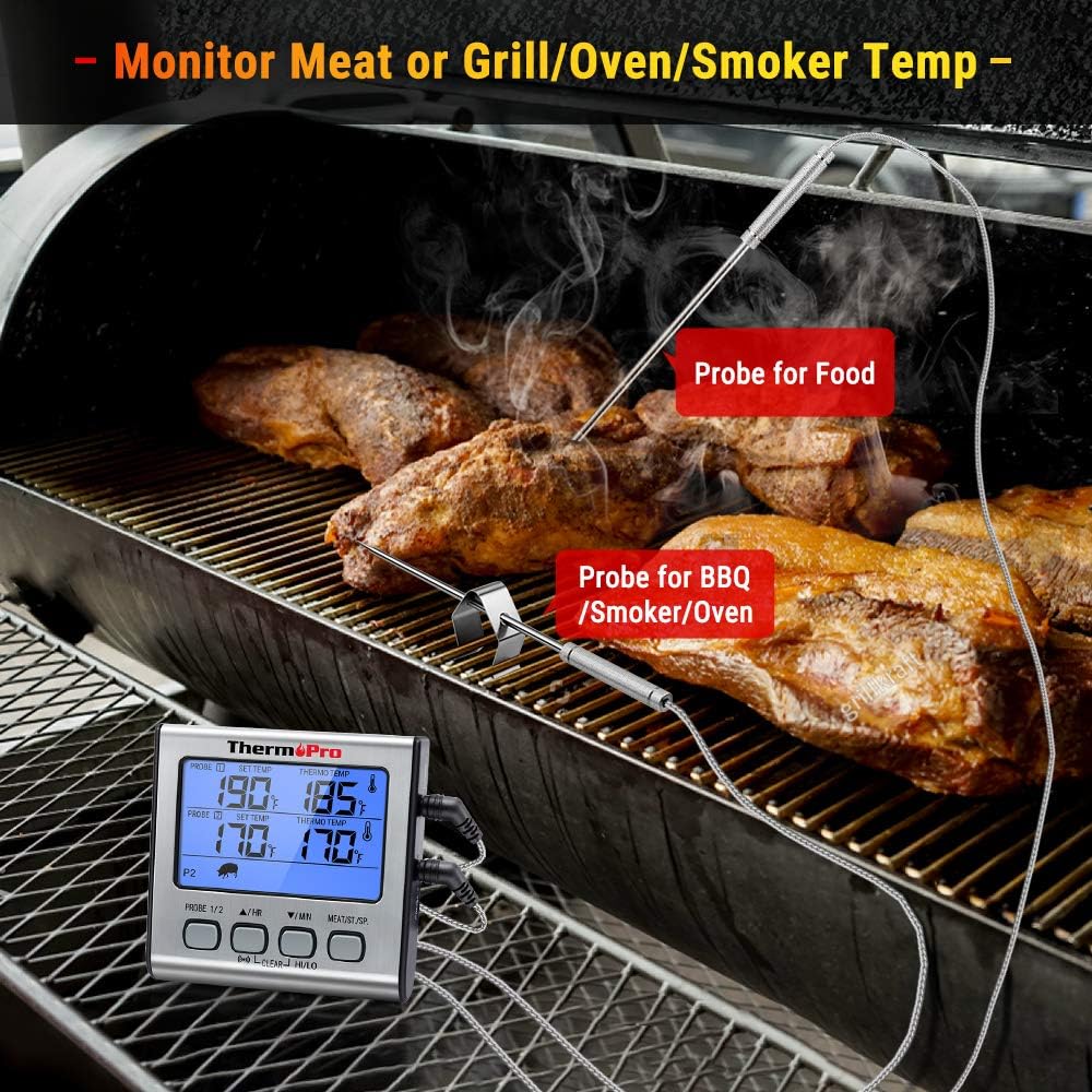 ThermoPro TP-17 Dual Probe Digital Cooking Meat Thermometer Large LCD Backlight Food Grill Thermometer with Timer Mode for Smoker Kitchen Oven BBQ, Silver: Garden & Outdoor
