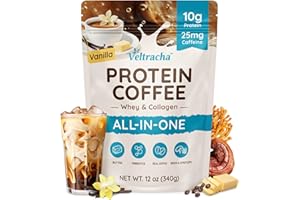 Veltracha Whey Protein Coffee, Collagen Protein Iced Coffee with Prebiotic Mushrooms & Butter, Natural Energy without Jitters - Decaf, No Artificial Additives & Sweeteners, Vanilla 20 Servings