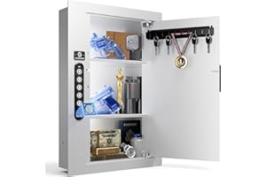 XDEER Quick Access Biometric Wall Safe – Hidden In-Wall Security Safe Between Studs with Fingerprint, Keypad & Key Entry for Handguns, Passports, Valuables (Includes Removable Pegboard & Shelves)
