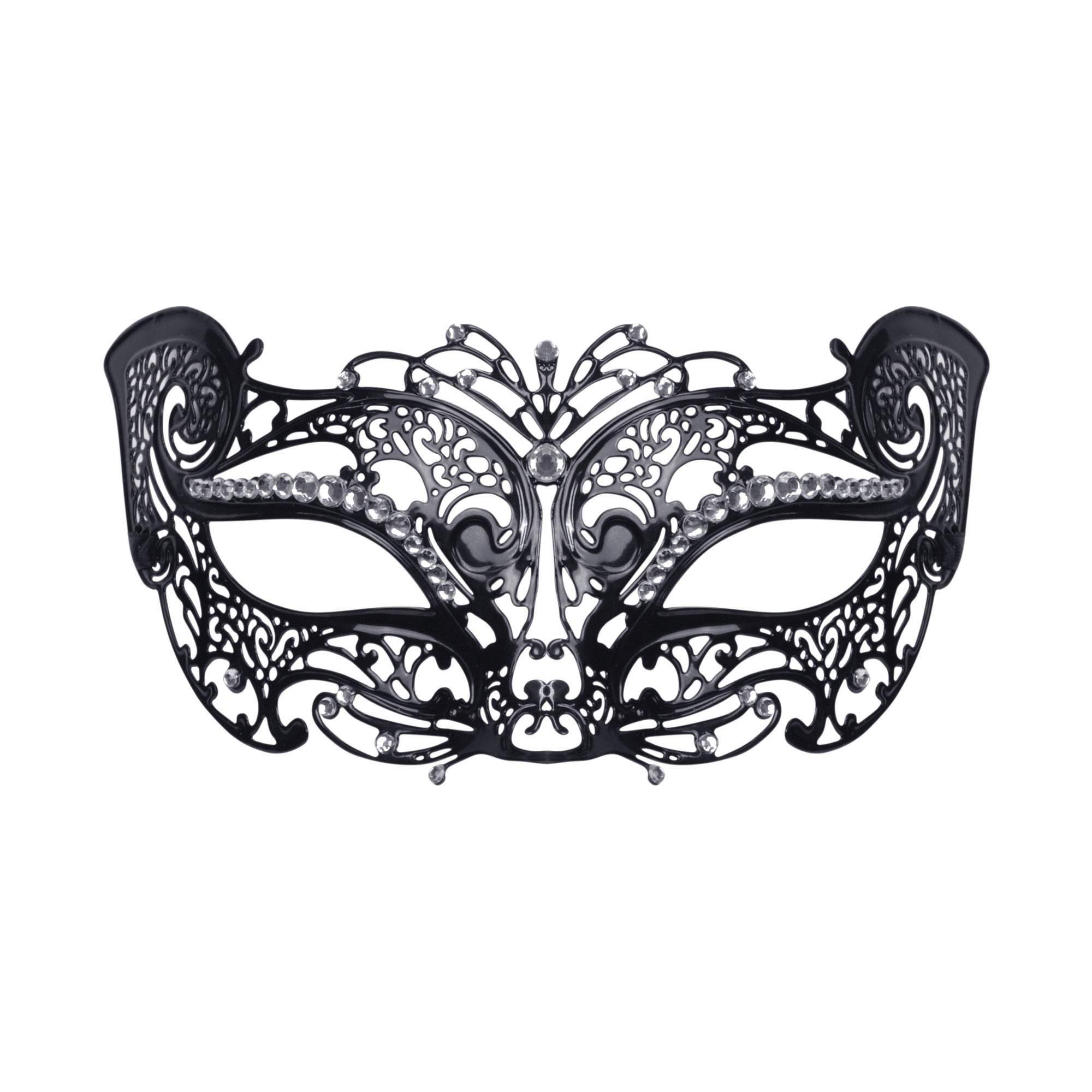 Alluring Black Metal Filigree Cat Mask with Stone (1 Pc.) - Perfect Accessory for Masquerade, Carnival, New Year's Eve, & Costume Events Halloween