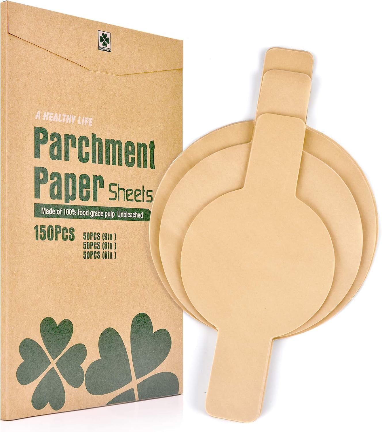 Baking Parchment Paper Rounds with Easy Lift Tabs, 150Pcs Unbleached 6/8/9