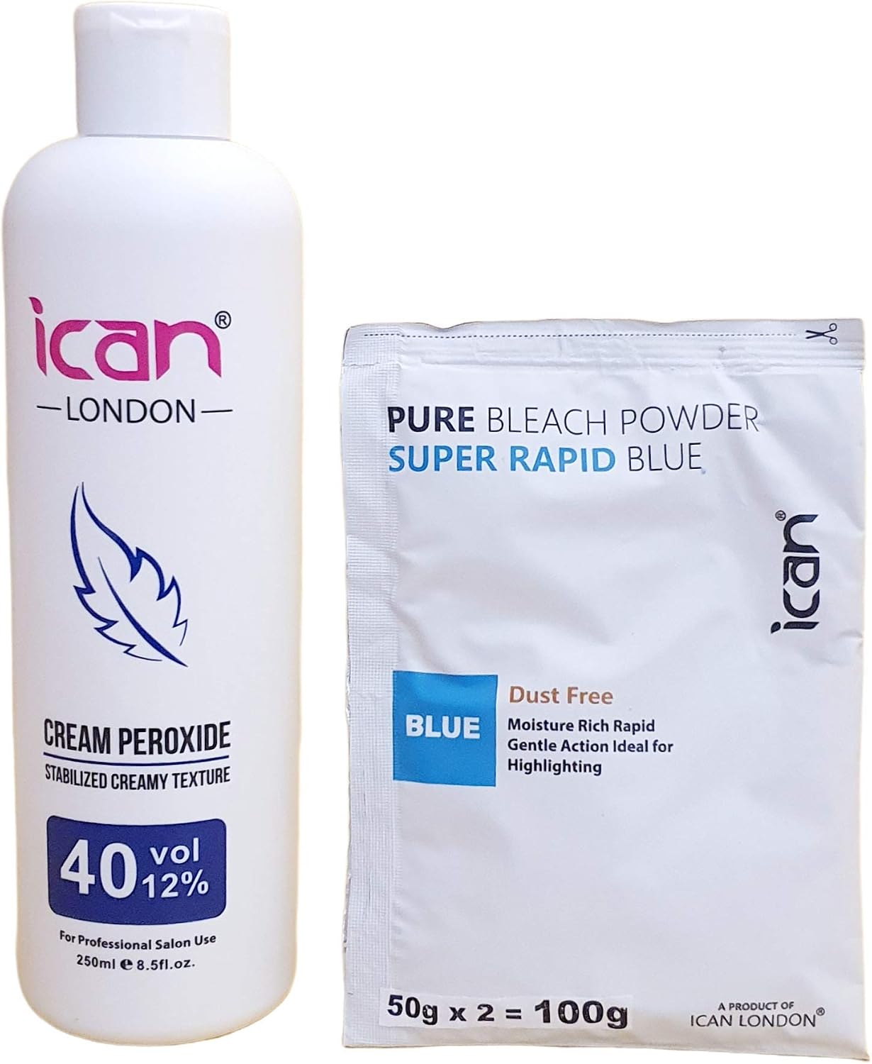 ICAN LONDON PROFESSIONAL CREAM PEROXIDE 40 VOL 12% 250 ML + RAPID BLUE POWDER BLEACH 80 G SET, Ivory, 250 ml (Pack of 1)