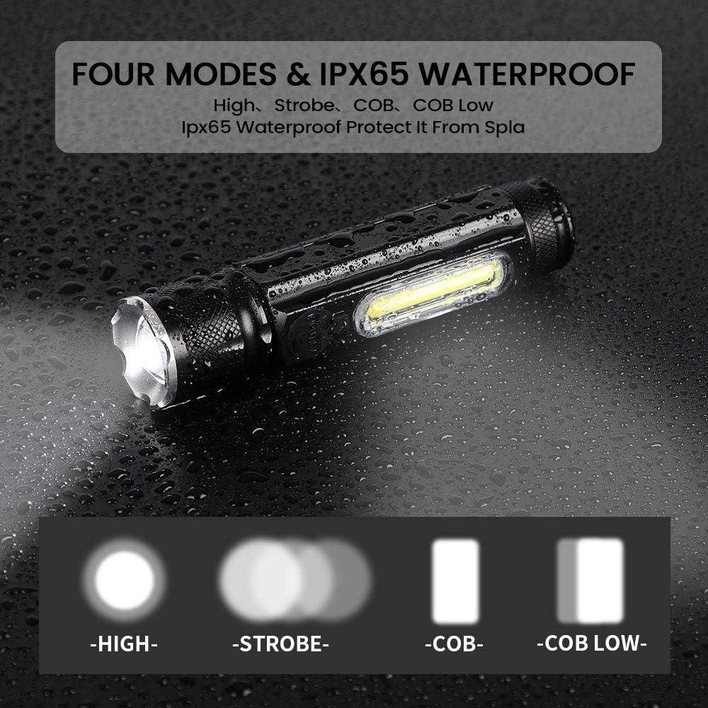 Euyee Rechargeable Flashlight High Lumen Magnetic LED Flashlight - Zoomable, 4 Modes with COB Work Light, Water Resistant, Handheld Light - for Camping, Hiking, Emergency(with 18650 Battery) - - 