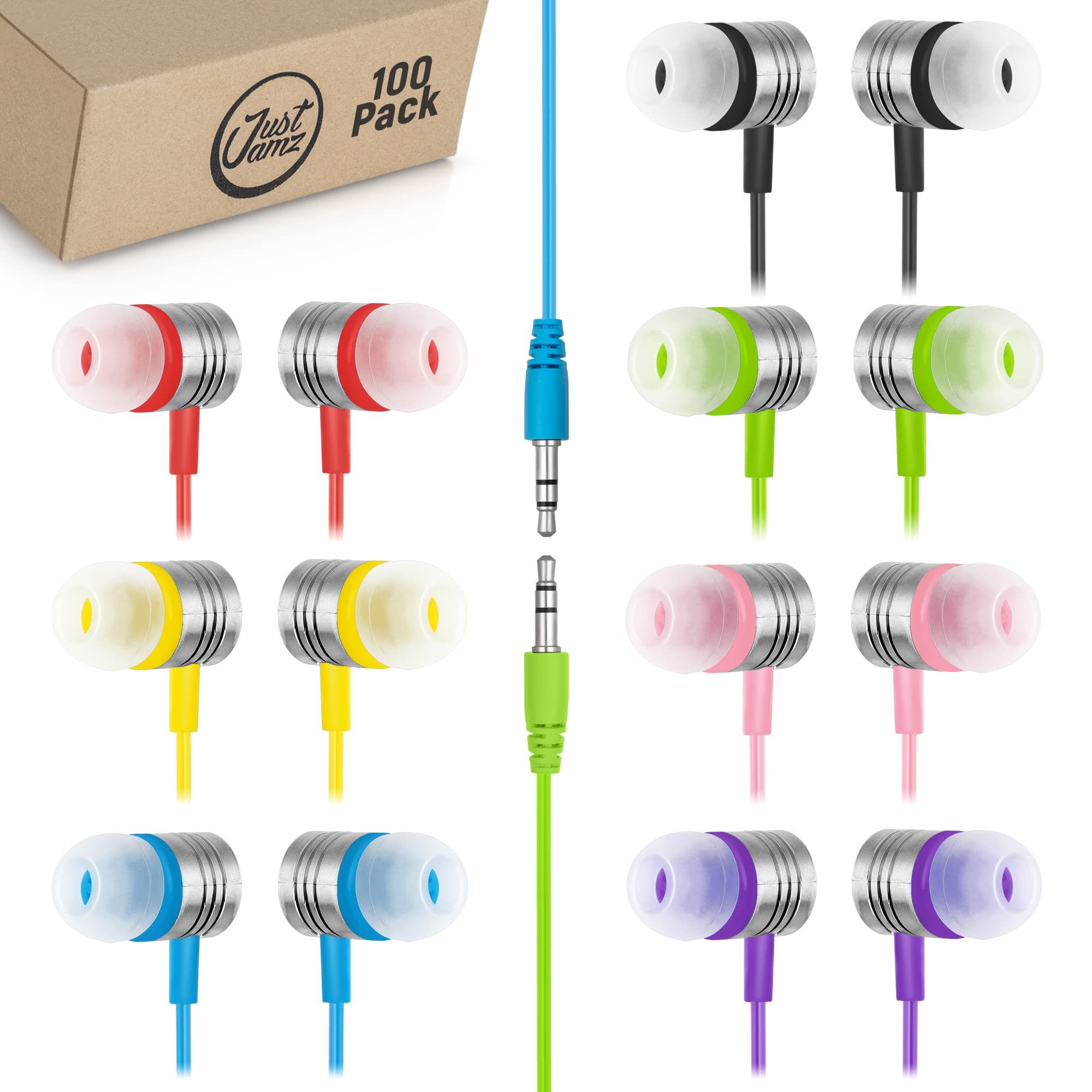 JustJamz Bulk Earbuds Jelly Matte | 100 Pack of Colorful in-Ear Earbuds | Stereo Sound & Silicone Earbud Tips | 3.5mm Stereo Multi-Color Bulk Earphones | for Schools, Kids, Classrooms & Libraries
