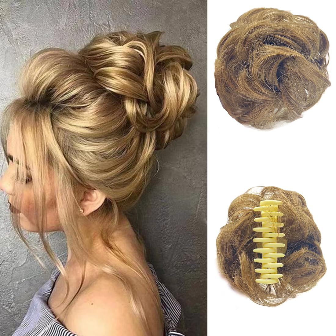 Claw Clip Messy Bun Hair Piece Wavy Curly Large Hair Bun Clip in Claw Chignon Ponytail Hairpieces Synthetic Tousled Updo Hair Extensions Scrunchie Hairpiece for Women (Mix Brown)