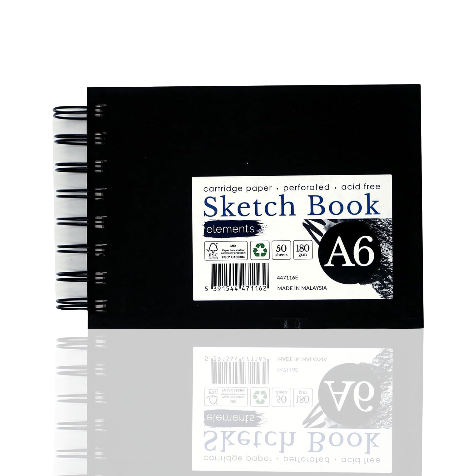 Elements A6 Wire-O White Sheets Landscape Art Sketch Book, Hard Cover – 180gsm Cartridge Paper, 50 Perforated Sheets, White Drawing Paper for Mixed Media Art and Professional Artwork, Drawing Books