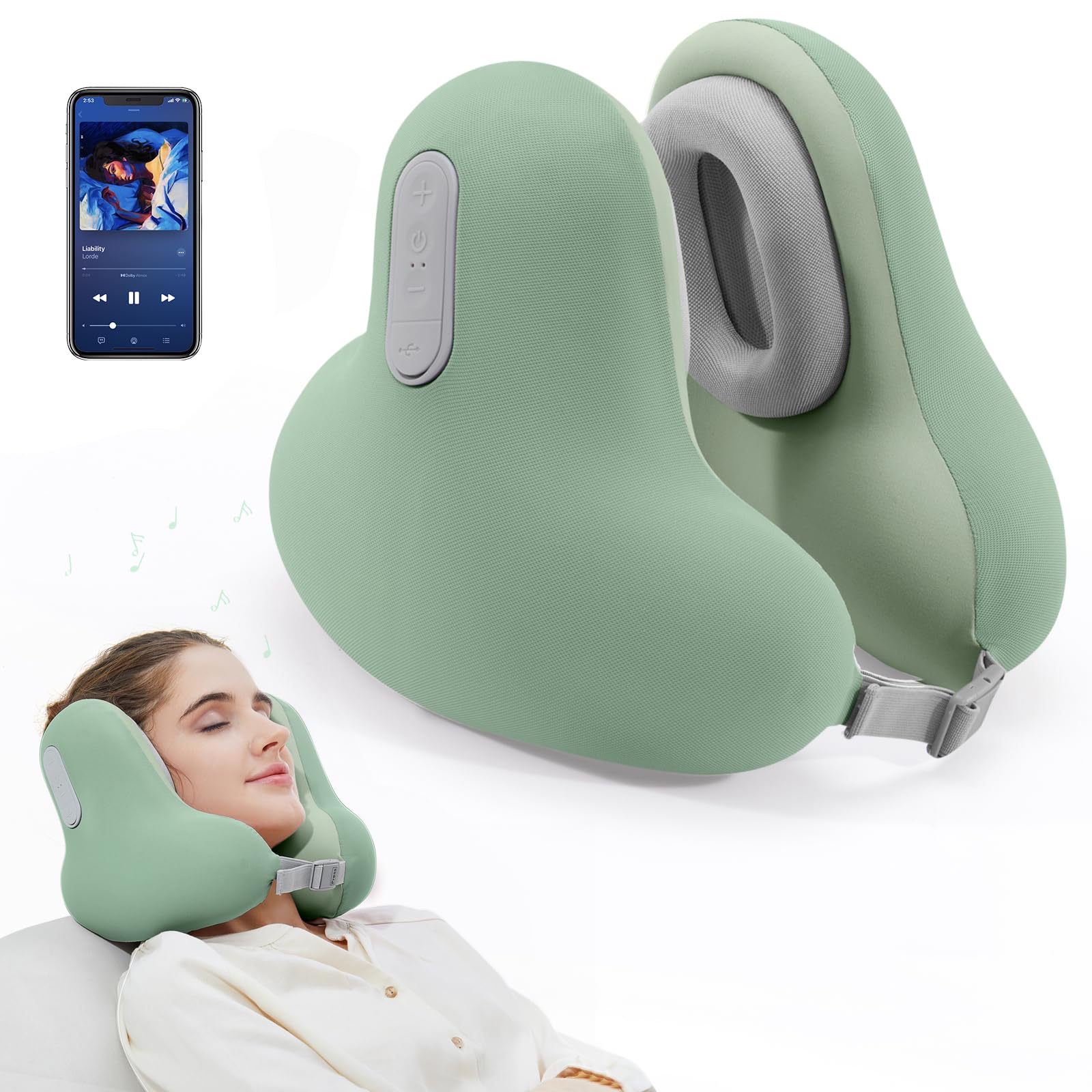 Photo 1 of Travel Neck Pillow with Bluetooth Headset, Memory Foam Airplane Pillow for Head Support, Ergonomic Design Traveling Music Pillow for Home, Flight, Car with Adjustable Buckle and Drawstring Bag(Green)