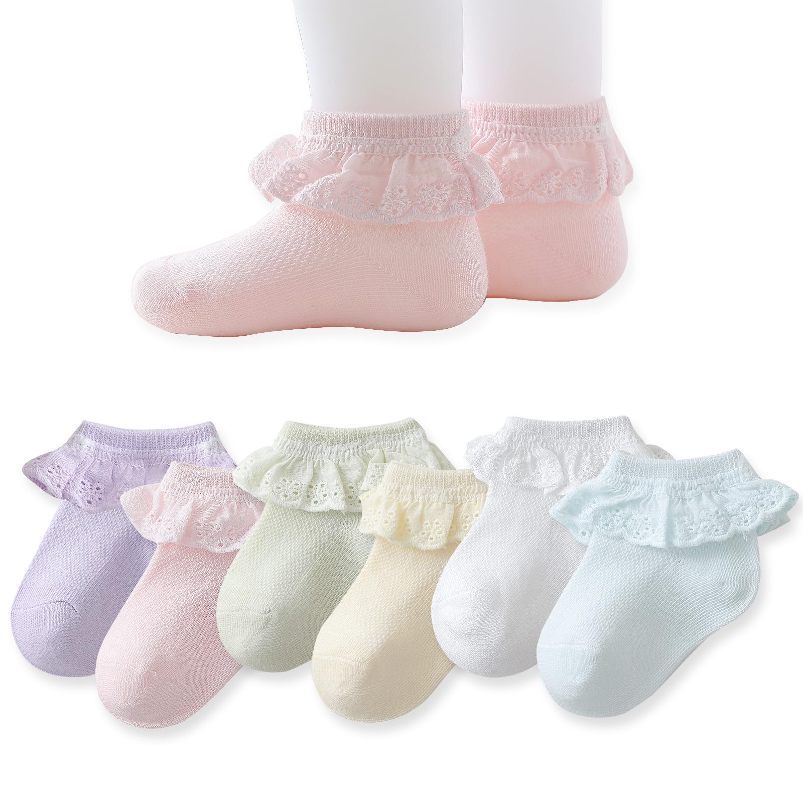 Photo 1 of EPEIUS Baby Lace Socks Newborn Girl Eyelet Ruffle Socks Infant Toddler Dress Crew Sox 0-6/6-12/12-24 Months Neutral Pastels 6 Pack S