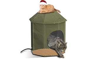 POMESEA Heated Cat Houses for Outside,Outdoor Cat House for Winter,22”Castle House Design,Extremely Waterproof, Cat House Insulated with Heated Pad for Outdoor Stray Feral Barn Cat& Kittens (Olive Green)