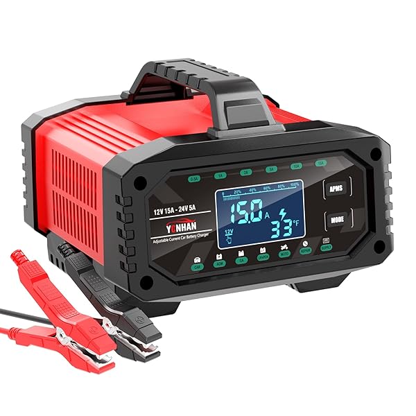 YONHAN BATTERY CHARGER 0-15A 12V/24V ADJUSTABLE CURRENT LIFEPO4 CAR BATTERY CHARGER, BATTERY MAINTAINER AUTOMATIC TRICKLE CHARGER, BATTERY DESULFATOR W/TEMP COMPENSATION