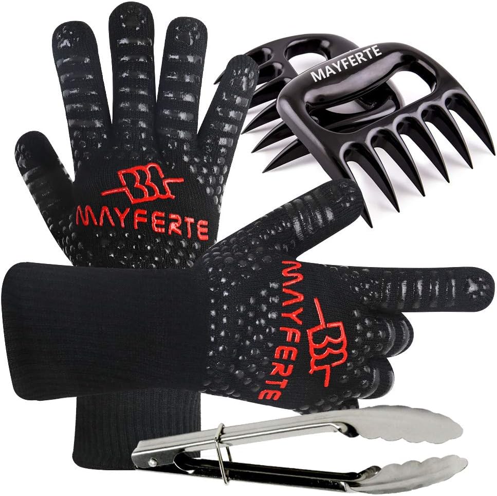 MAYFERTE BBQ Cooking Gloves Heat Resistant Glove Meat Claws & Stainless Steel Cooking Tongs