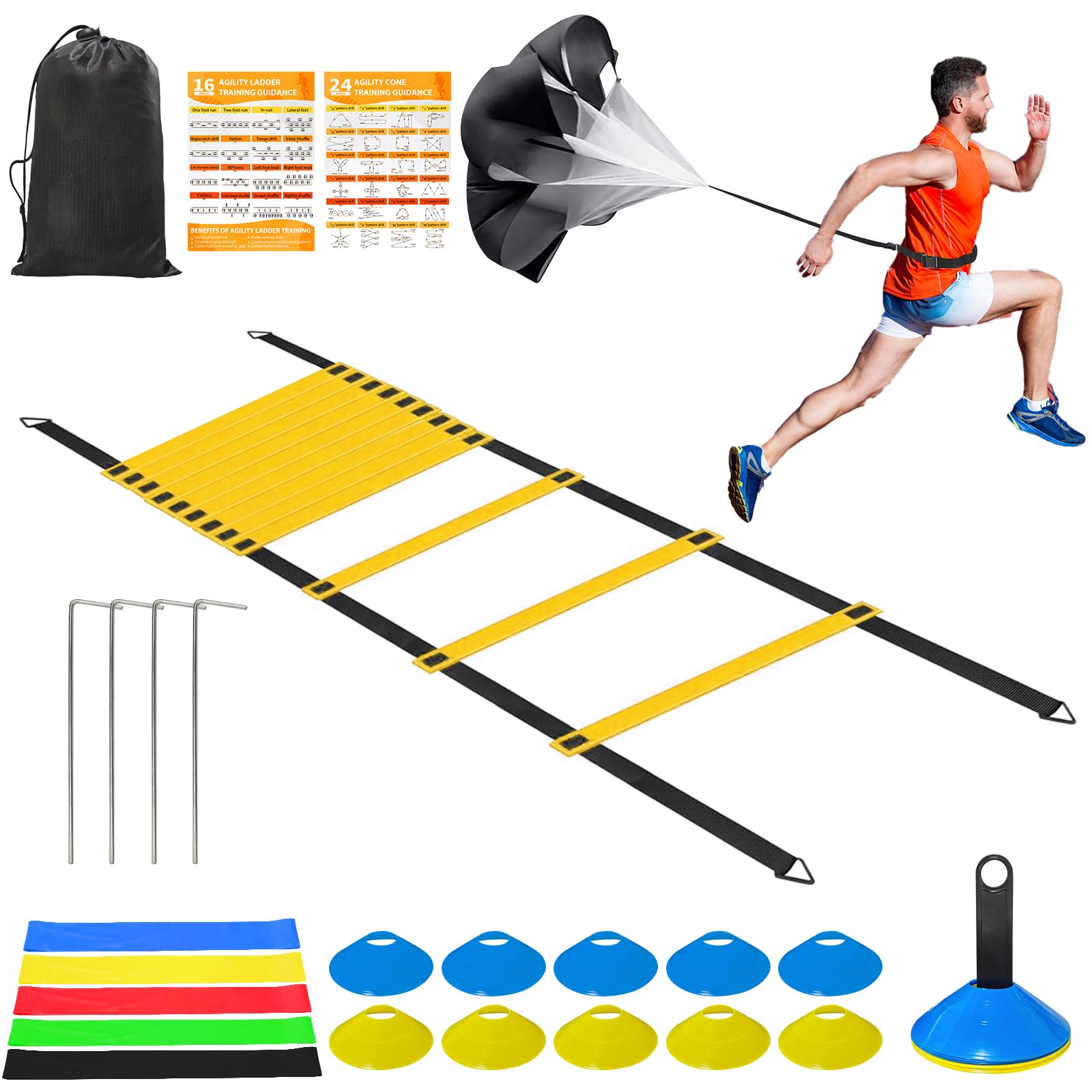 Photo 1 of **Parts Only**Panykoo Speed Agility Training Equipment Set - 20ft Agility Ladder, 10 Disc Cones, Resistance Parachute, 5 Resistance Bands & Carry Bag | Football Soccer Basketball Fitness Drills for Kids Adults