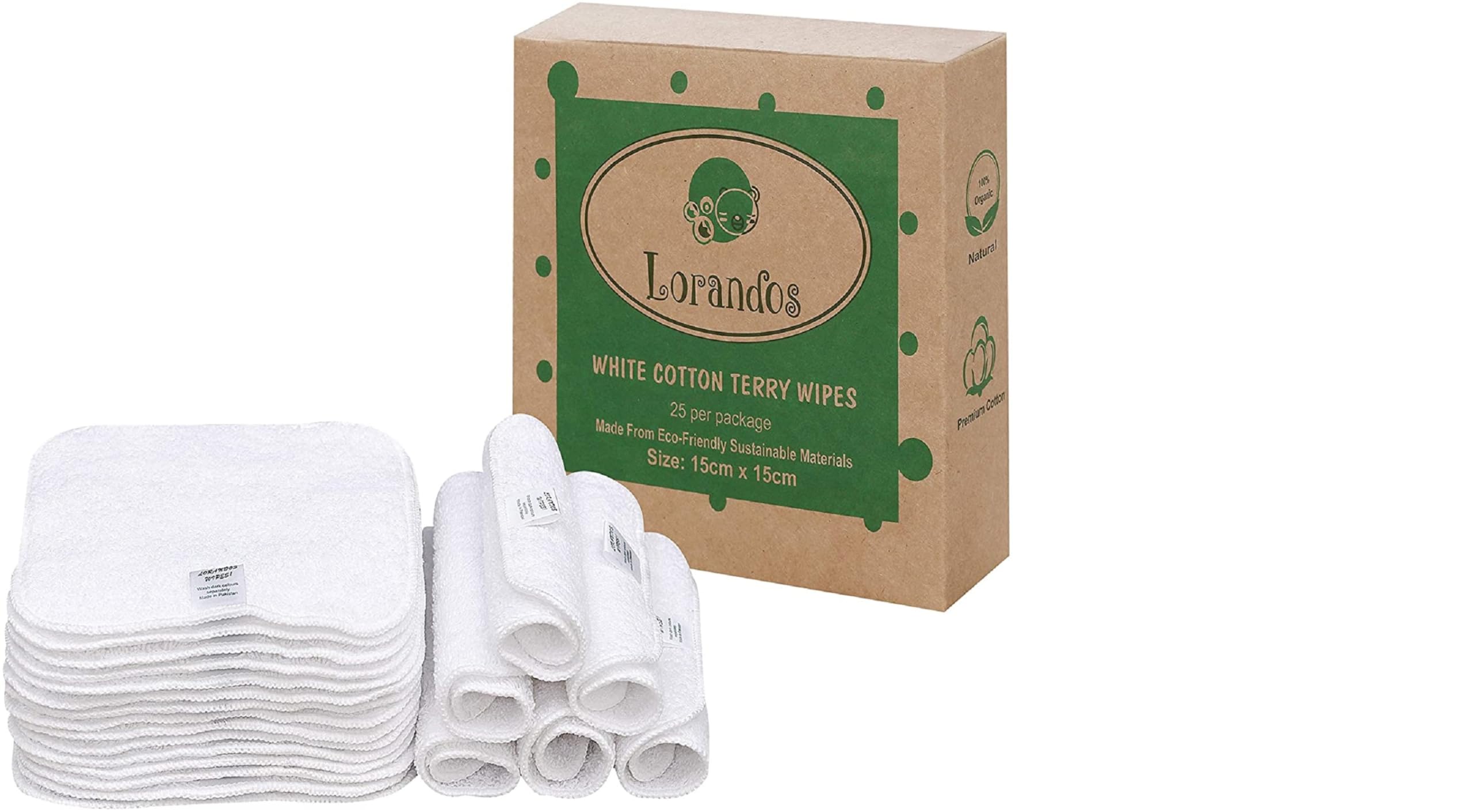 Lorandos 25 Reusable Baby Wipes (15x15 cm) – Washable Cotton Terry Cloth Wipes, Eco Friendly Reusable Cloth Wipes for Baby, Face, Hands & Makeup Remover Cloth