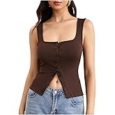 SHENHE Women's Y2k Button Down Tank Top Ribbed Going Out Slim Fit Sleeveless Top