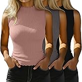 Riyiper 3 Pack Women's Sleeveless Mock Turtlenecks Shirts Lettuce Trim Ribbed Knit Slim Summer Casual Tank Tops Basic Tees