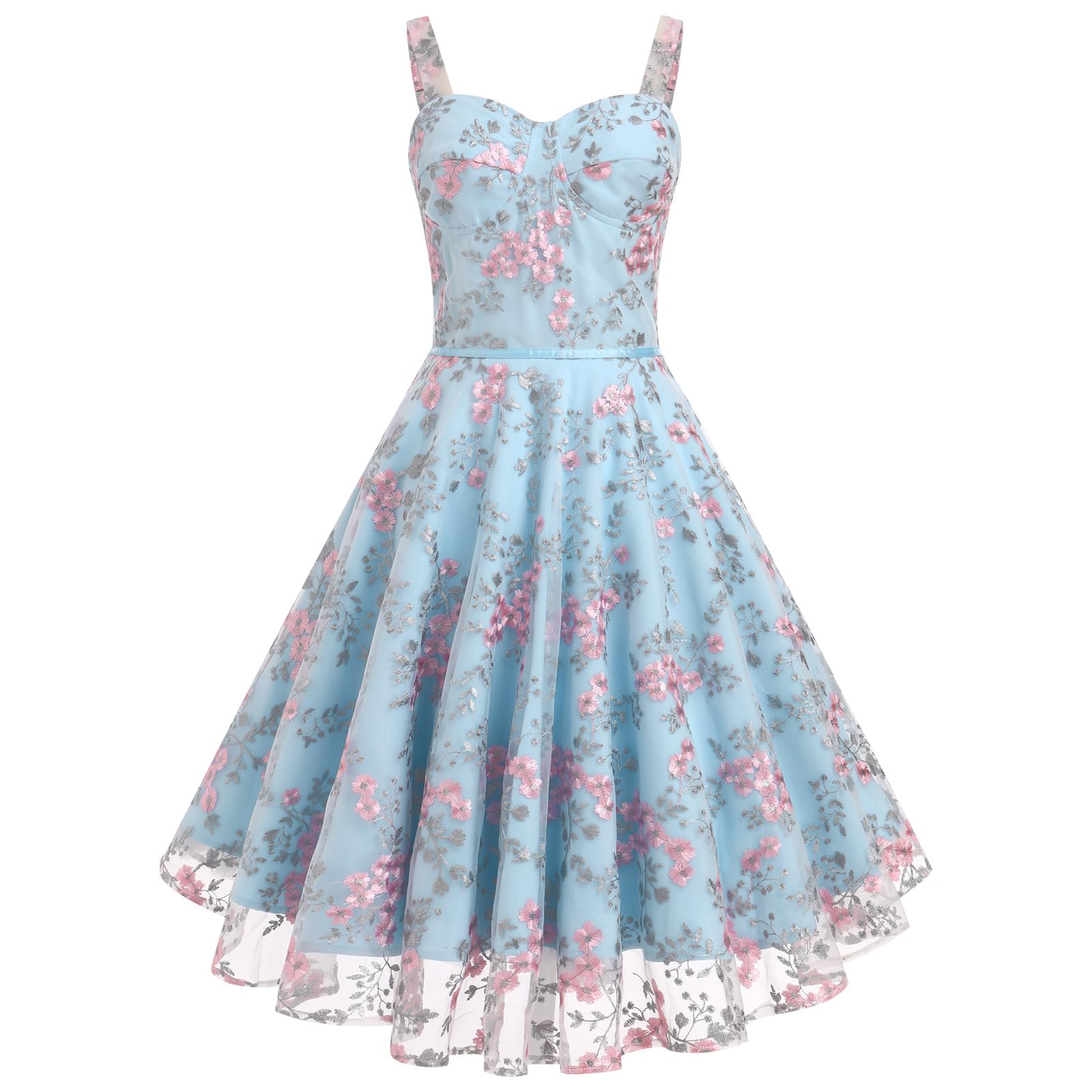 Photo 1 of (broken zipper) IBTOM CASTLE Women Floral Embroidery Dress: Boho Summer Sundress 1950s Sleeveless Spaghetti Strap Mesh Tulle Dress Formal Cocktail Party Wedding Evening Dance Gown Flowy Corset Dress Light Blue M